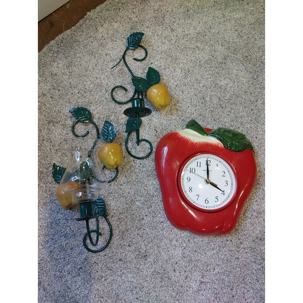 Vintage Apple Shaped Decor Ceramic Wall Clock Sconces Grannycore Cottage Core